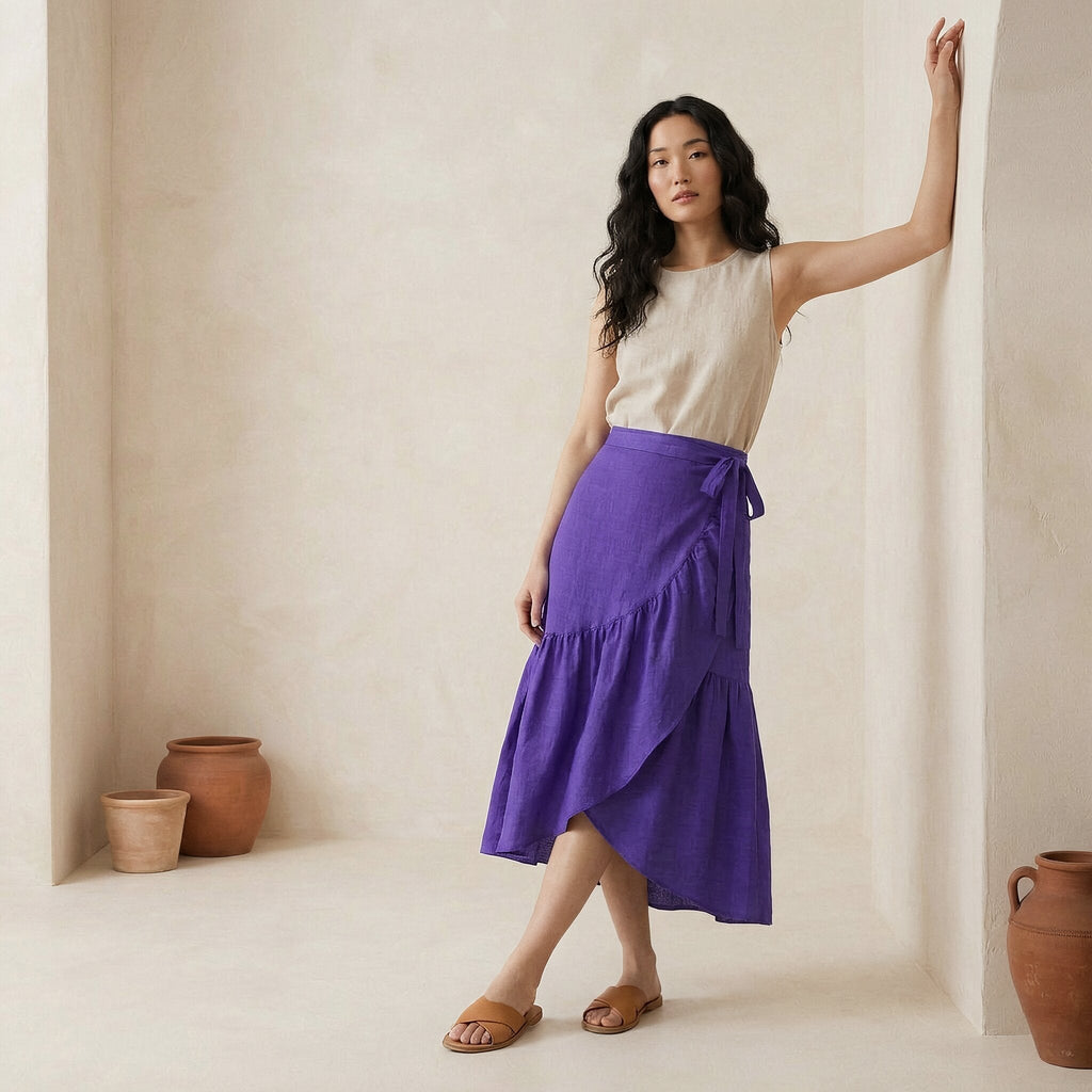 Purple Cotton Poplin Ruffle Midi Wrap Skirt