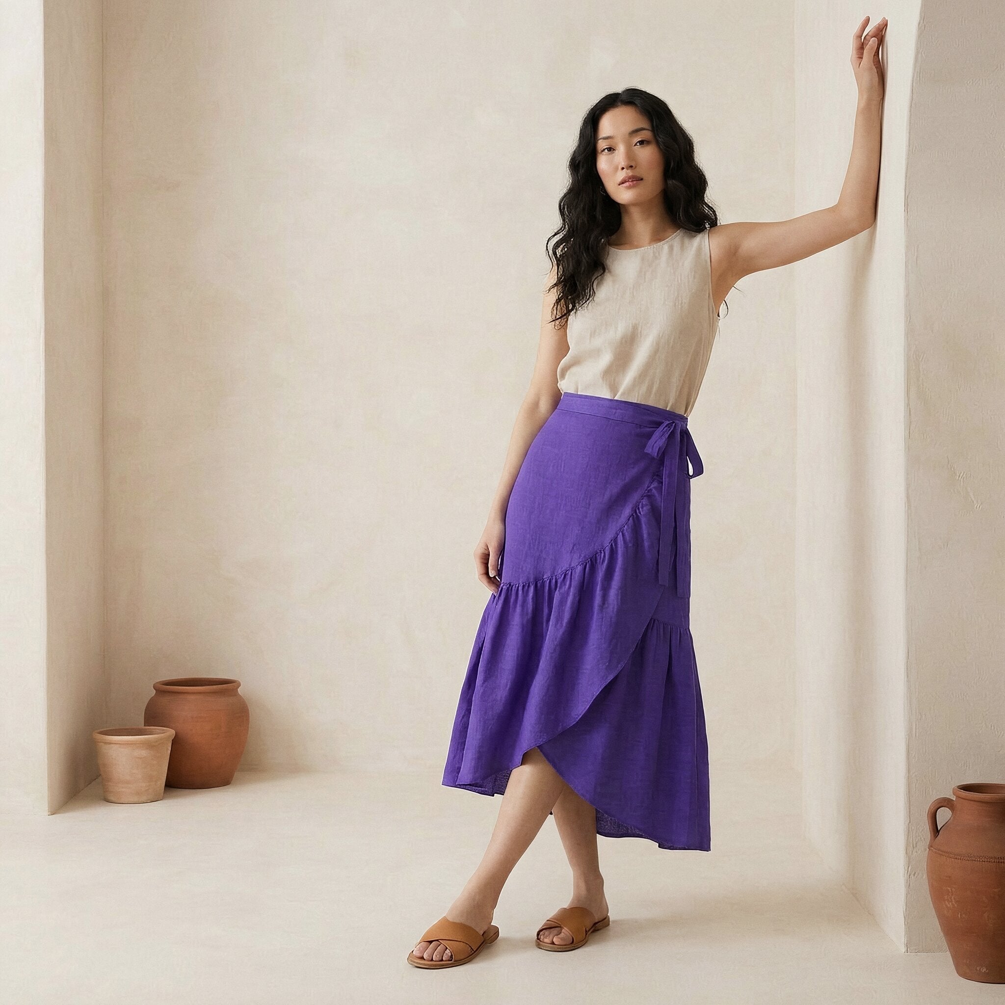 Purple Cotton Poplin Ruffle Midi Wrap Skirt