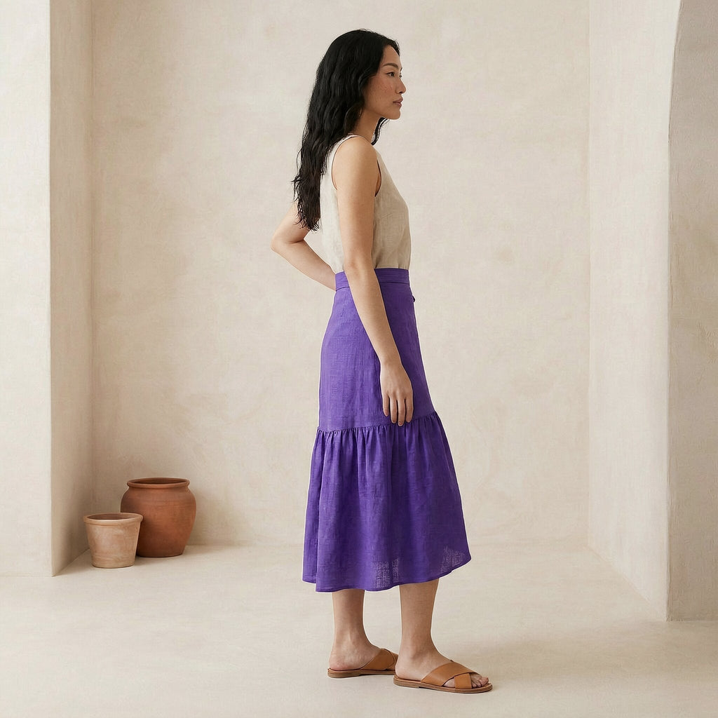 Purple Cotton Poplin Ruffle Midi Wrap Skirt