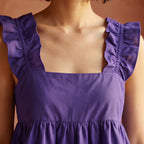 Purple Cotton Poplin Ruffle-Strap Square Neck Peplum Top