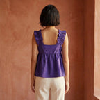 Purple Cotton Poplin Ruffle-Strap Square Neck Peplum Top