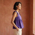 Purple Cotton Poplin Ruffle-Strap Square Neck Peplum Top