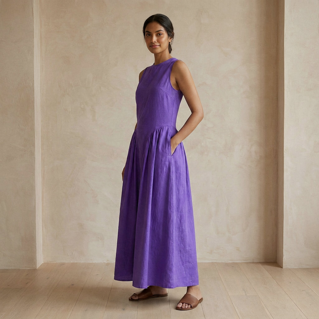 Purple Cotton Poplin Sleeveless Paneled Maxi Dress