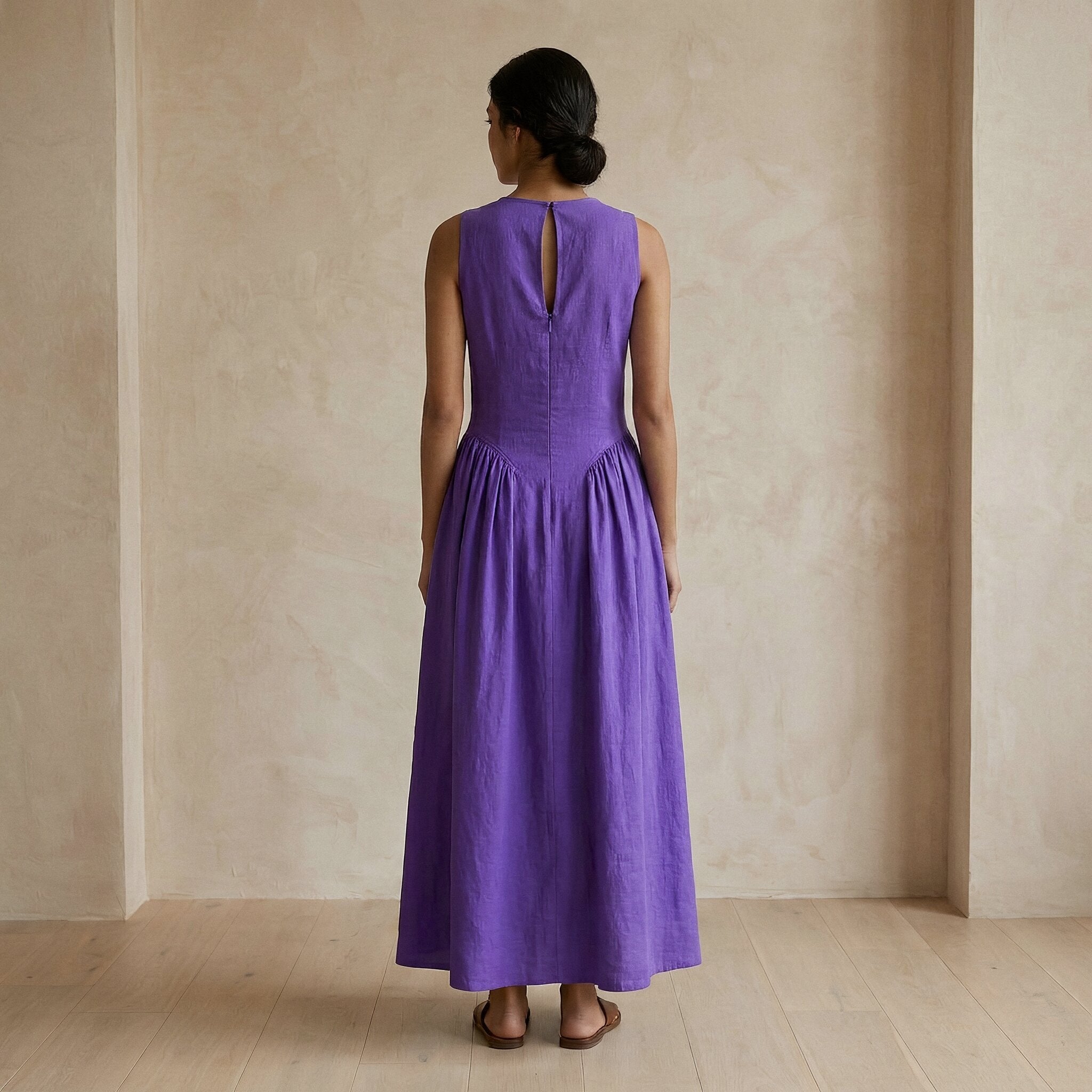 Purple Cotton Poplin Sleeveless Paneled Maxi Dress