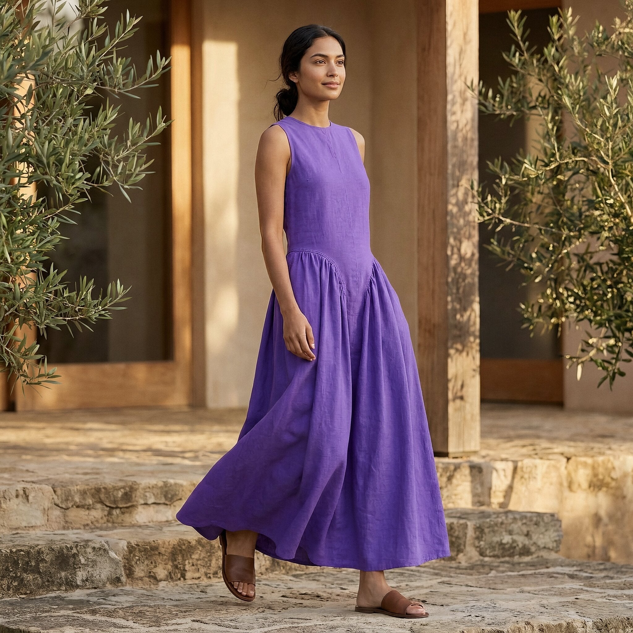 Purple Cotton Poplin Sleeveless Paneled Maxi Dress