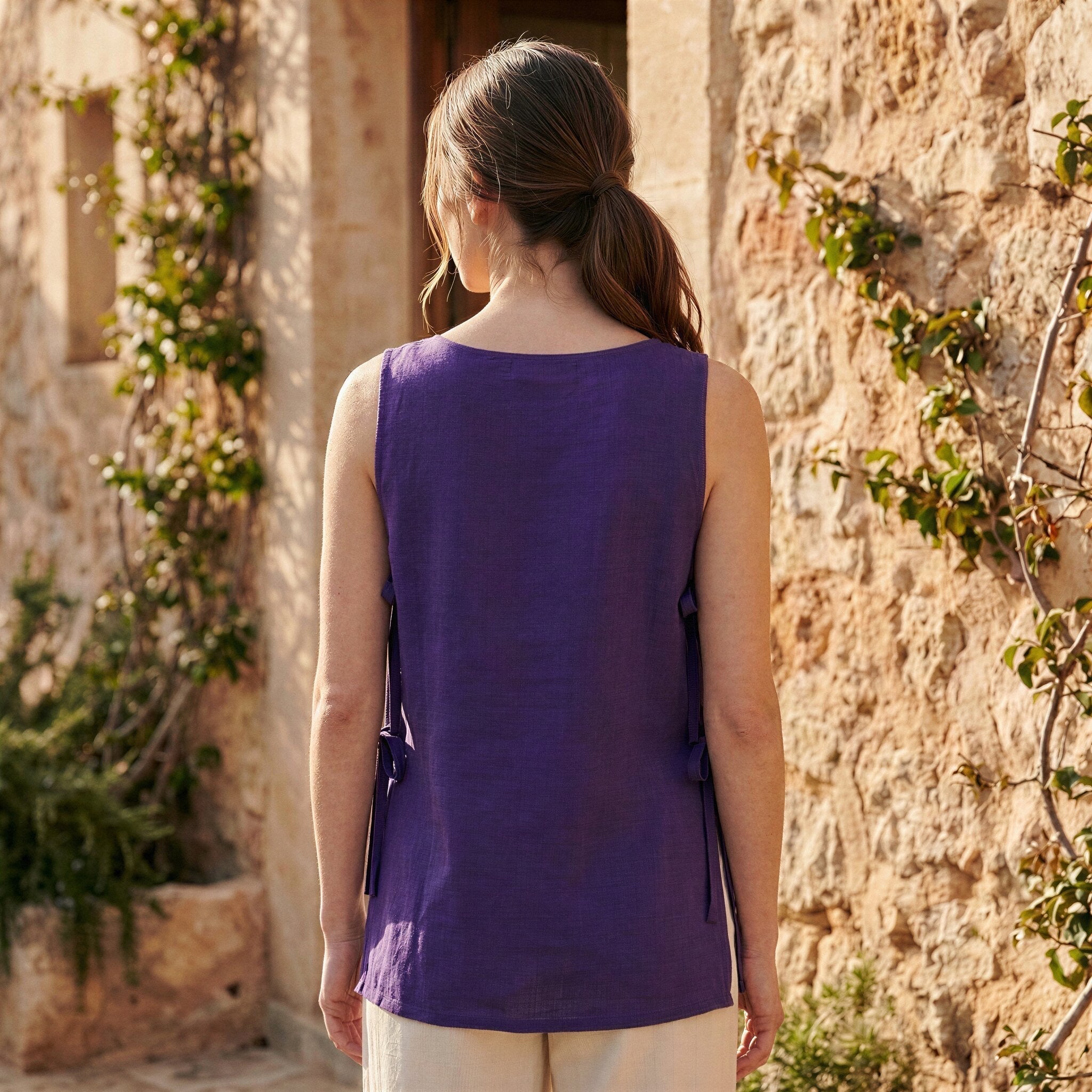 Purple Cotton Poplin Sleeveless Side-Tie Long Top