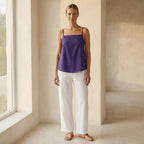 Purple Cotton Poplin Spaghetti Strap Top with Elastic Gathered Back