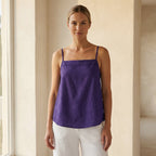 Purple Cotton Poplin Spaghetti Strap Top with Elastic Gathered Back
