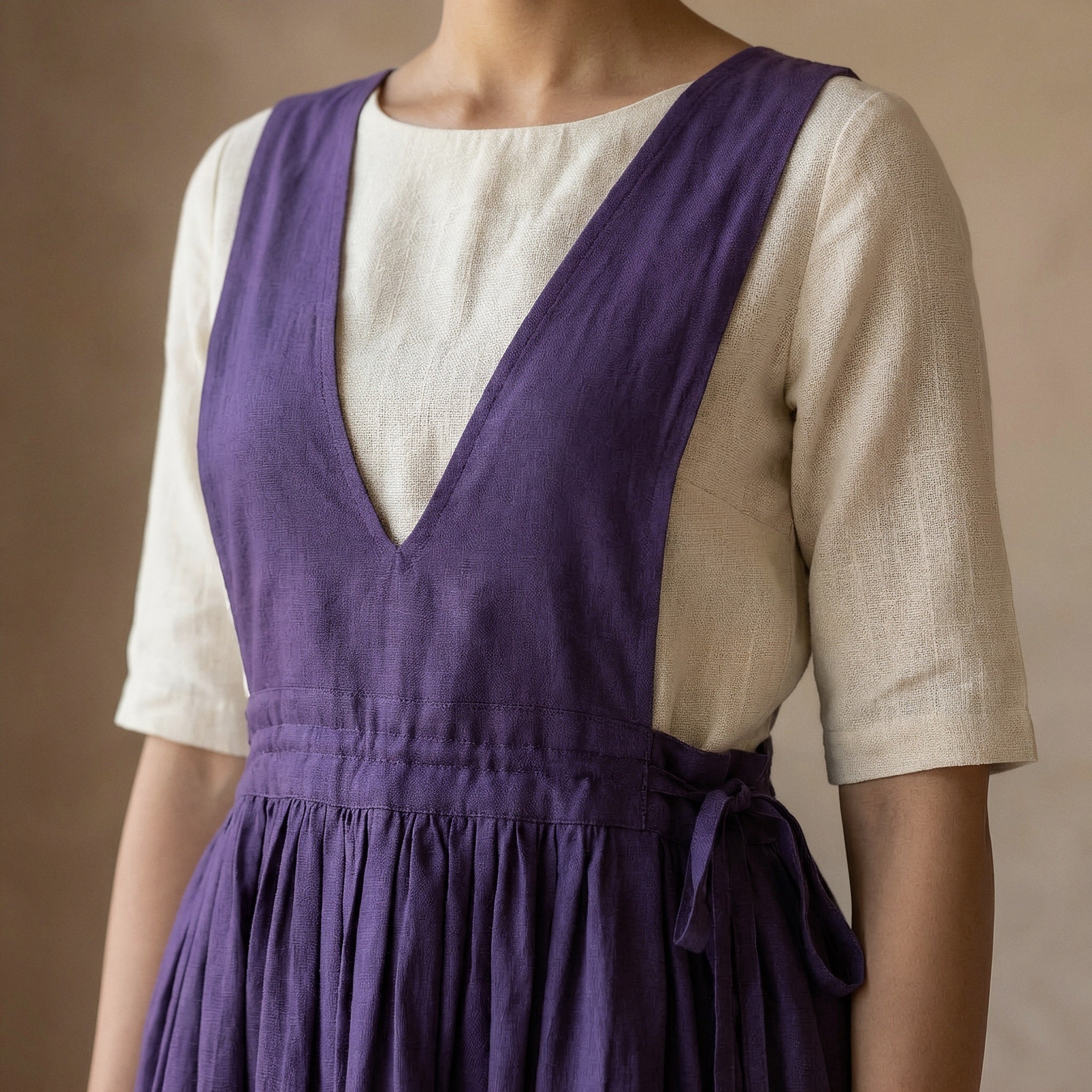 Purple Cotton Poplin V-Neck Pinafore Midi Wrap Dress