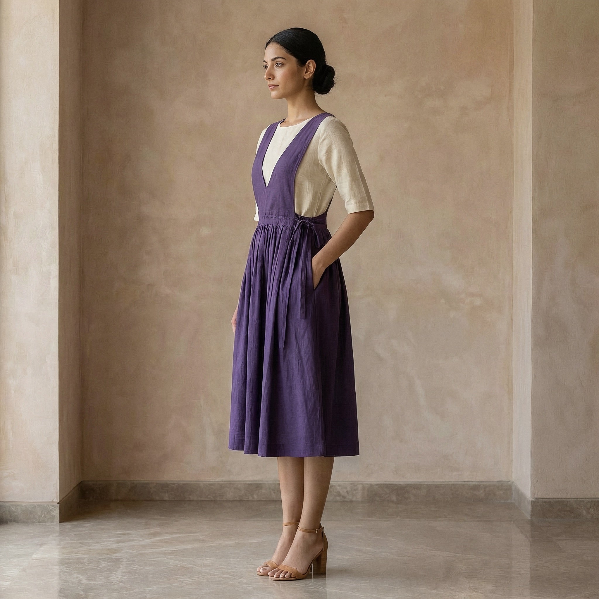 Purple Cotton Poplin V-Neck Pinafore Midi Wrap Dress