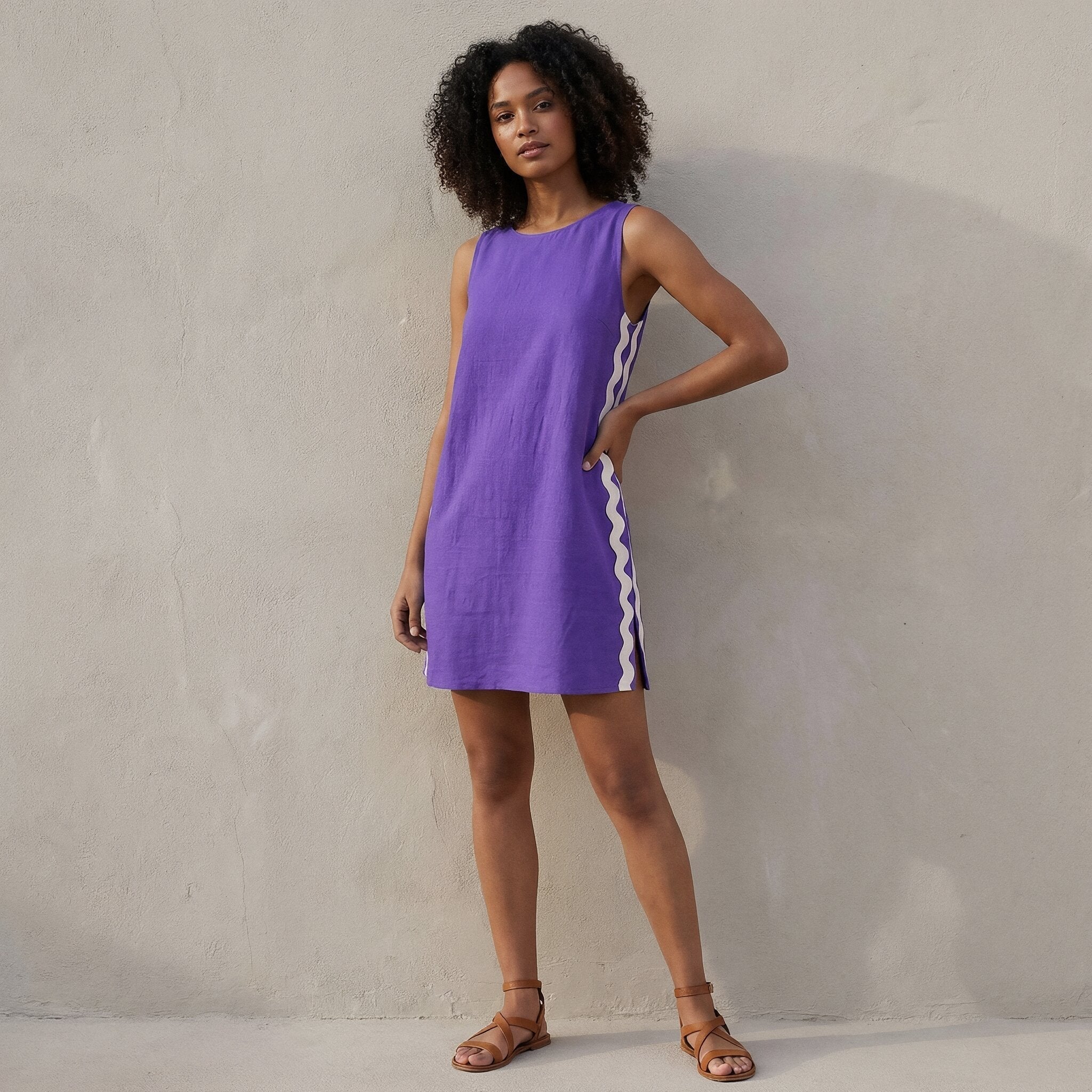 Purple Cotton Poplin Wavy Stripe Short Shift Dress