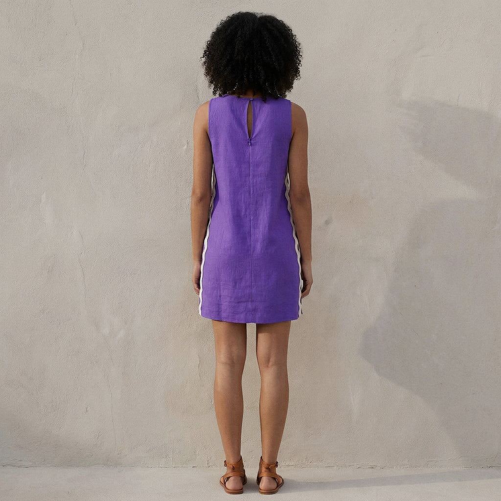 Purple Cotton Poplin Wavy Stripe Short Shift Dress