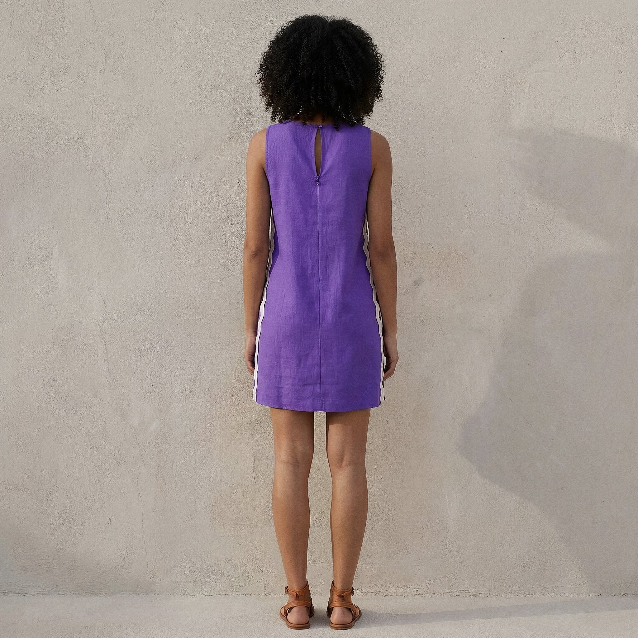 Purple Cotton Poplin Wavy Stripe Short Shift Dress