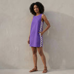 Purple Cotton Poplin Wavy Stripe Short Shift Dress