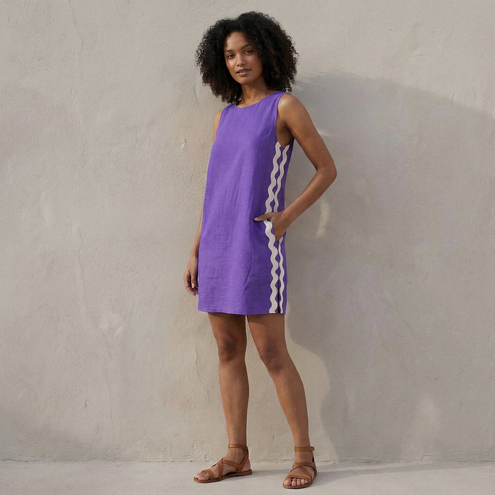 Purple Cotton Poplin Wavy Stripe Short Shift Dress