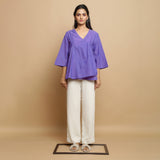 Purple Embroidered Cotton Poplin Asymmetrical Godet Top