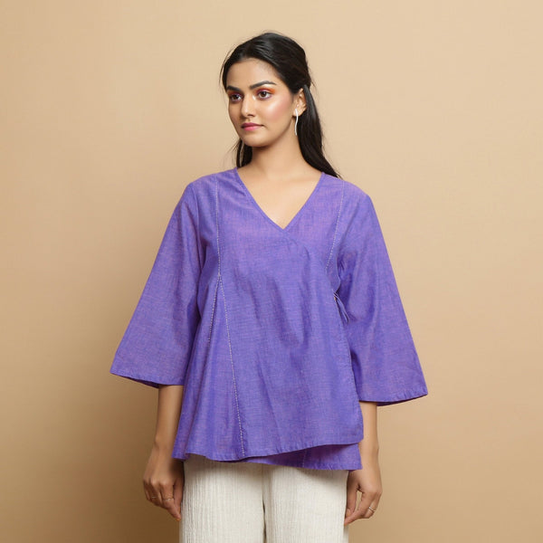 Purple Embroidered Cotton Poplin Asymmetrical Godet Top