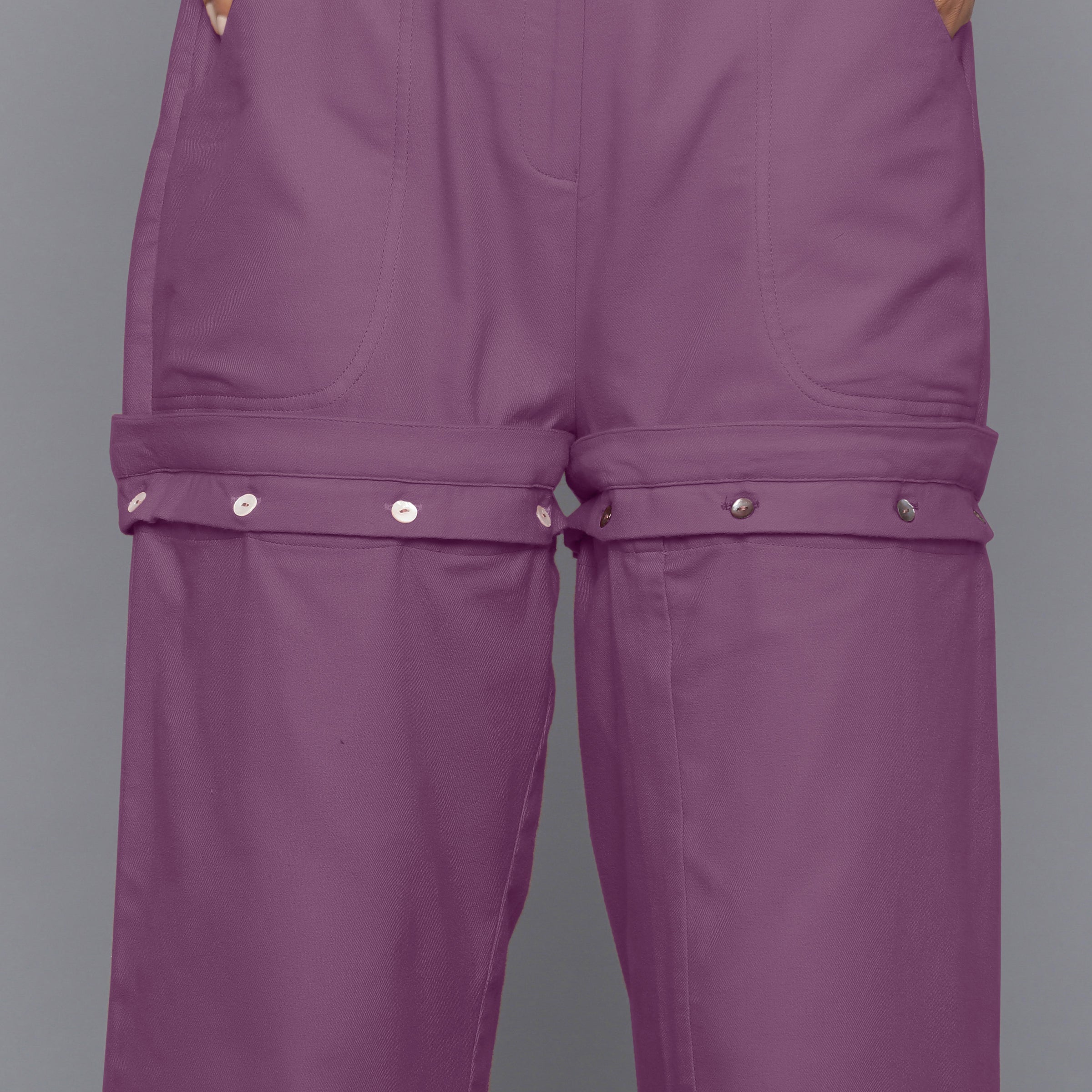Front Detail of a Model wearing Purple Flannel Convertible Pant Shorts