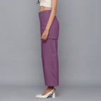 Left View of a Model wearing Purple Flannel Convertible Pant Shorts