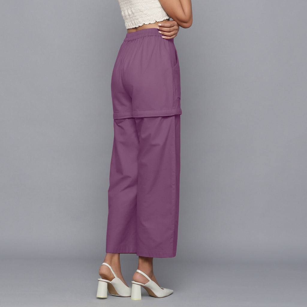 Right View of a Model wearing Purple Flannel Convertible Pant Shorts
