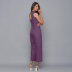 Back View of a Model wearing Purple Flannel Sleeveless Jumpsuit