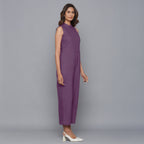 Right View of a Model wearing Purple Flannel Sleeveless Jumpsuit