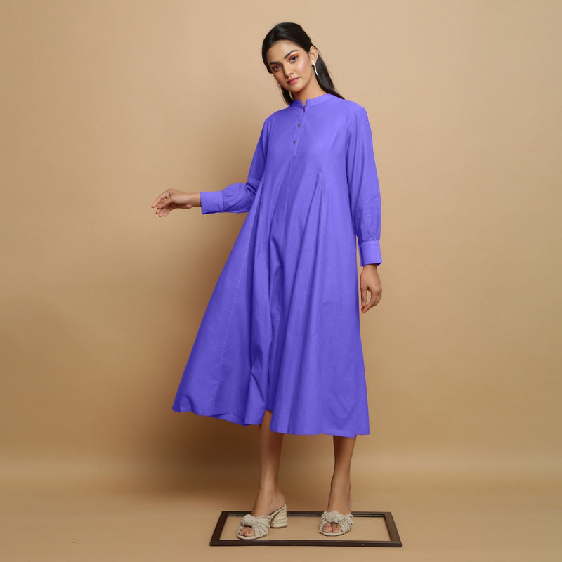 Purple Hand-Embroidered Cotton Poplin Paneled Midi Dress