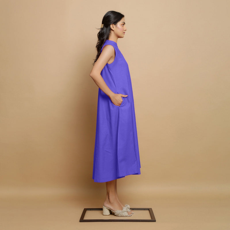 Purple Hand-Embroidered Cotton Poplin Sleeveless Midi Dress