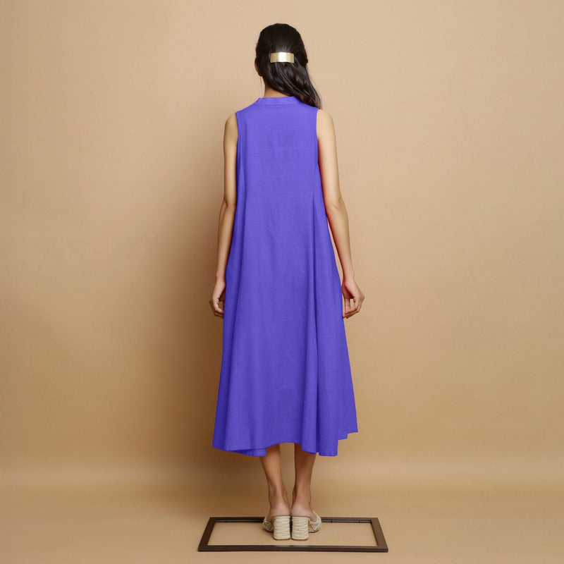 Purple Hand-Embroidered Cotton Poplin Sleeveless Midi Dress