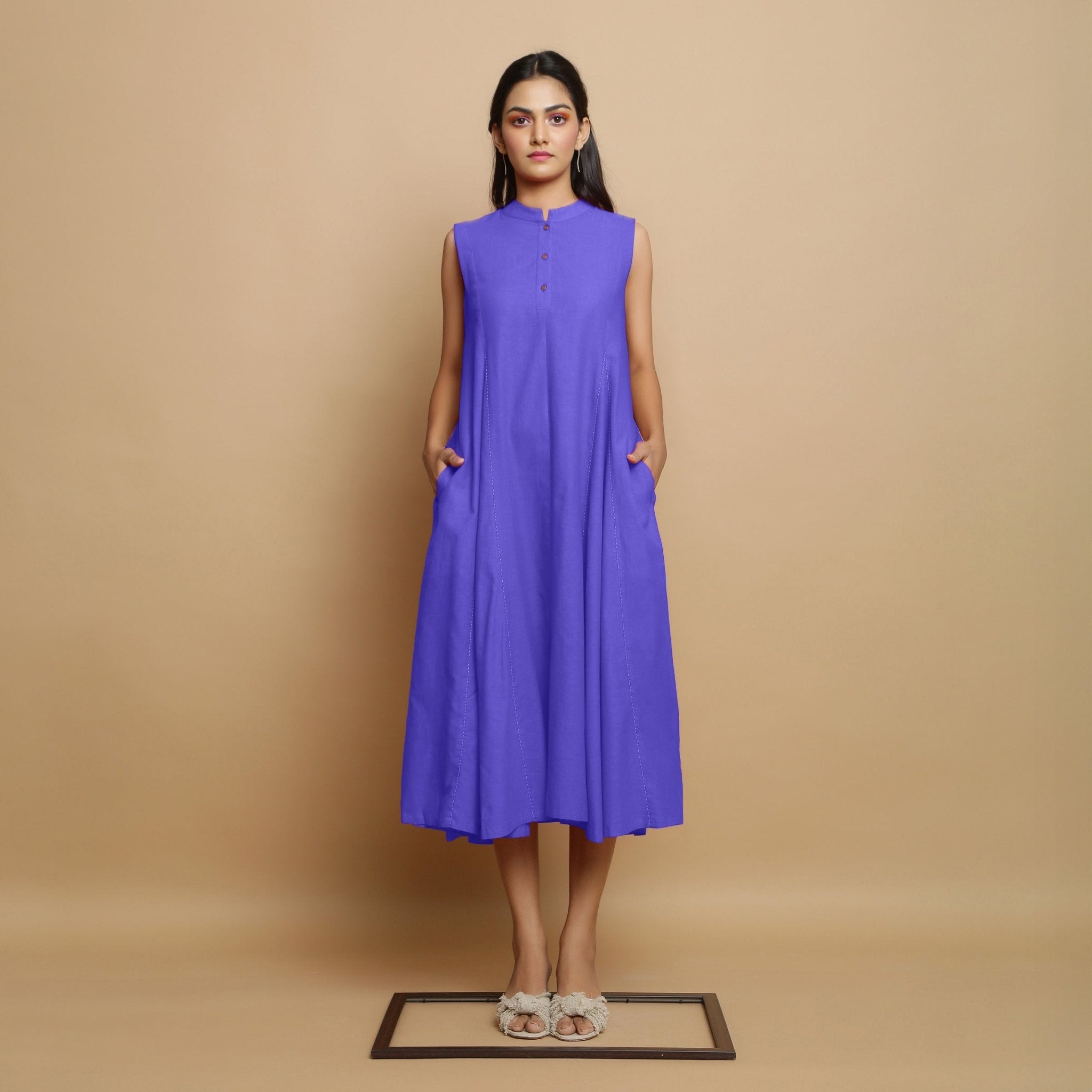 Purple Hand-Embroidered Cotton Poplin Sleeveless Midi Dress