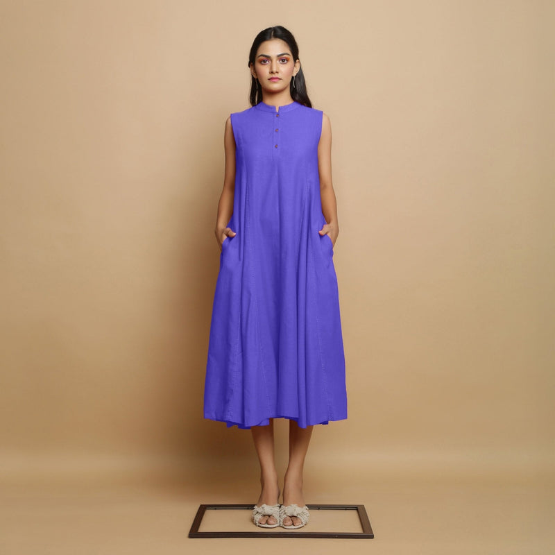 Purple Hand-Embroidered Cotton Poplin Sleeveless Midi Dress