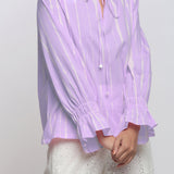 Front Detail of a Model wearing Purple Hand Tie Dyed Shirred Blouson Top