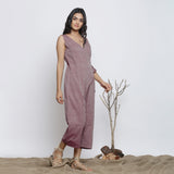 Right View of a Model wearing Purple Handspun Plunge Neck Wrap Jumpsuit