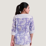 Back View of a Model wearing Purple Paisley Block Print Cotton V-Neck Wrap Top