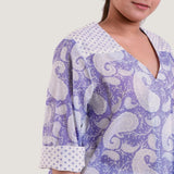 Front Detail of a Model wearing Purple Paisley Block Print Cotton V-Neck Wrap Top