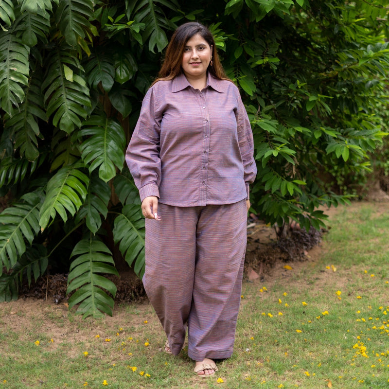 Purple Striped Cotton Shirt and High-Rise Baggy Pant Co-ord Set