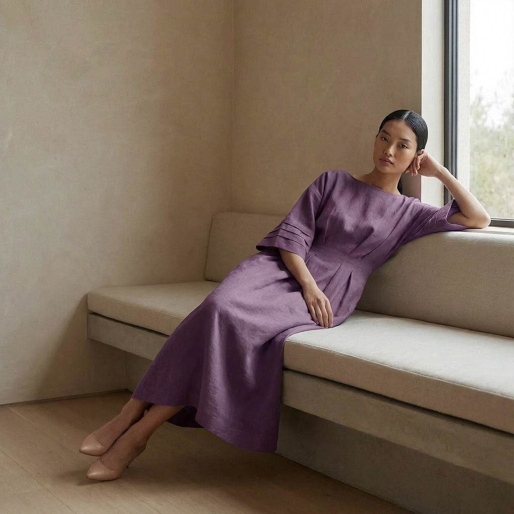 Purple Warm Cotton Flannel Boat Neck Maxi Dress with Kimono Sleeves
