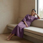 Purple Warm Cotton Flannel Boat Neck Maxi Dress with Kimono Sleeves