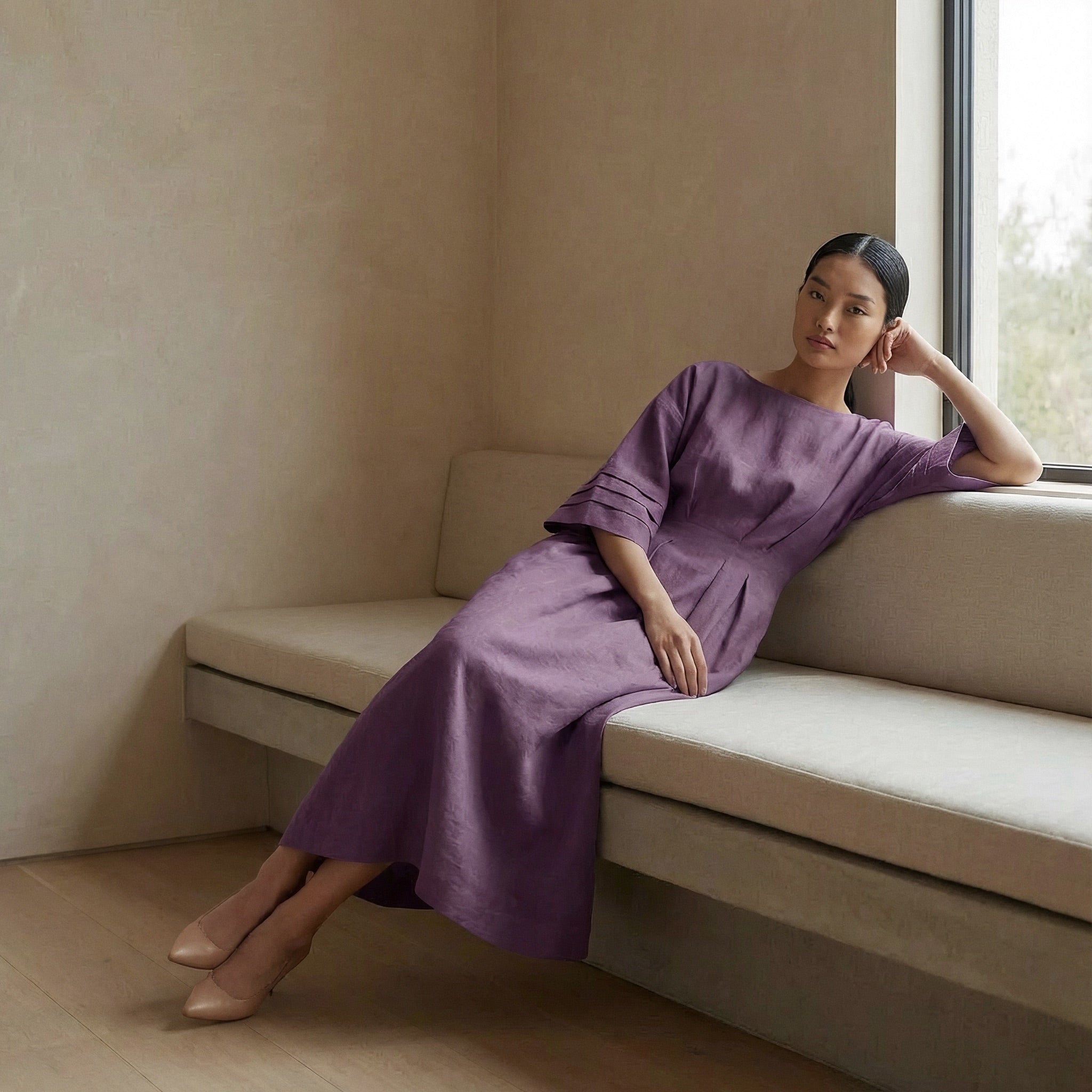 Purple Warm Cotton Flannel Boat Neck Maxi Dress with Kimono Sleeves