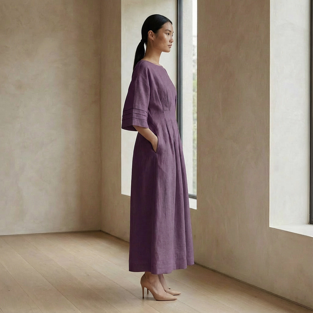 Purple Warm Cotton Flannel Boat Neck Maxi Dress with Kimono Sleeves