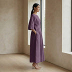 Purple Warm Cotton Flannel Boat Neck Maxi Dress with Kimono Sleeves