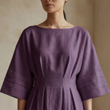 Purple Warm Cotton Flannel Boat Neck Maxi Dress with Kimono Sleeves