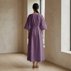 Purple Warm Cotton Flannel Boat Neck Maxi Dress with Kimono Sleeves