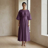 Purple Warm Cotton Flannel Boat Neck Maxi Dress with Kimono Sleeves