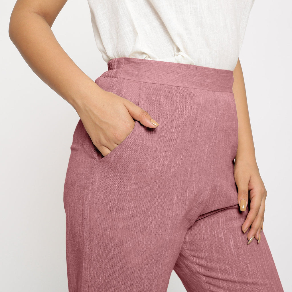 Front Detail of a Model wearing Purple Yarn Dyed Mid Rise Tapered Pant