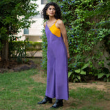 Purple and Yellow Color Blocked Cotton Poplin V-Neck Strap Sleeves Jumpsuit