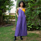 Purple and Yellow Color Blocked Cotton Poplin V-Neck Strap Sleeves Jumpsuit
