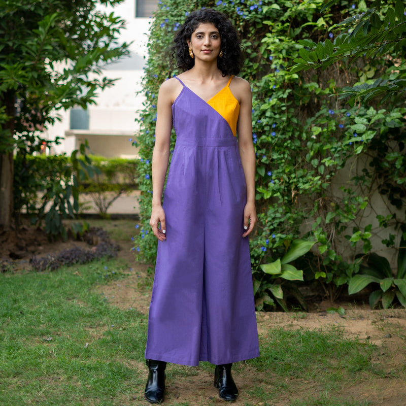 Purple and Yellow Color Blocked Cotton Poplin V-Neck Strap Sleeves Jumpsuit