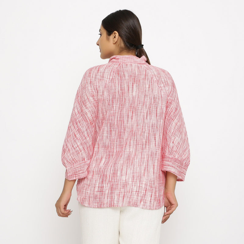 Back View of a Model wearing Red Crinkled Cotton Pussy Bow A-Line Blouse