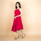 Red 100% Cotton Asymmetrical Fit and Flare Midi Dress
